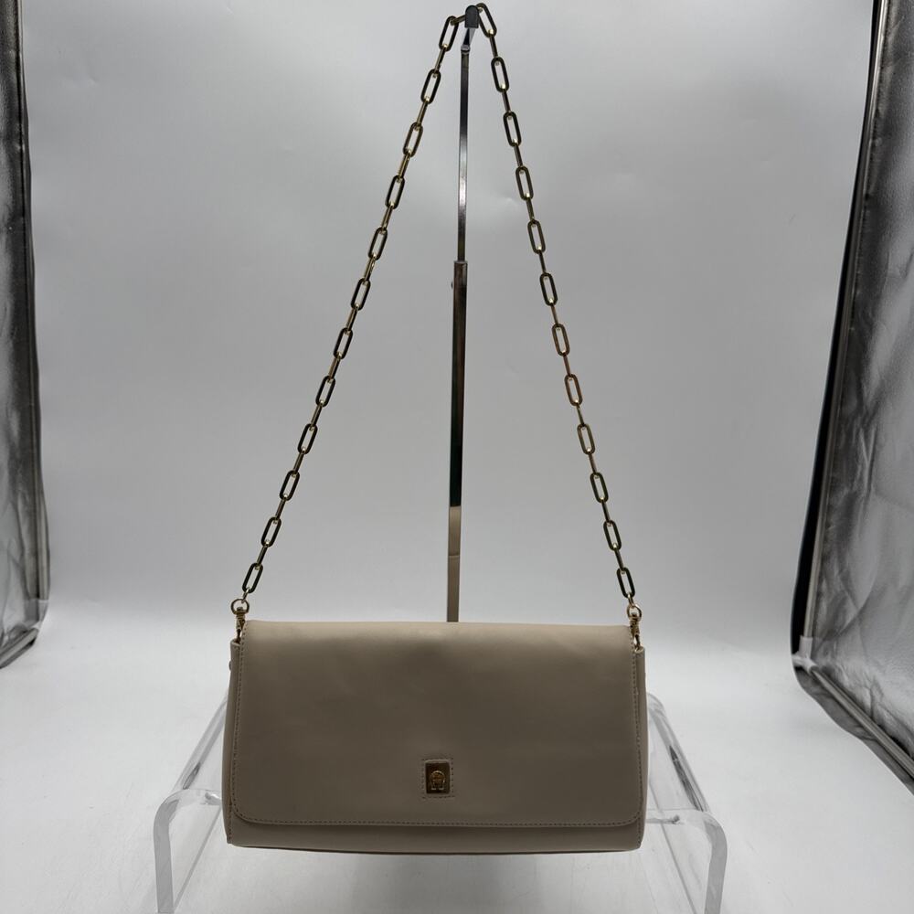 Etienne Aigner Vintage Beige Leather Removable Chain Shoulder Bag Purse READ